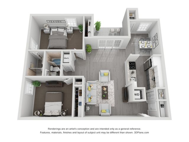 Modern 3D floor plan showcasing 2 bedrooms, an elegant open-concept living space, chic kitchen, and a cozy dining area.