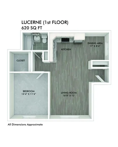 Lucerne 1st floor plan displaying a 620 sq ft layout with a bedroom, kitchen, dining area, and living room.