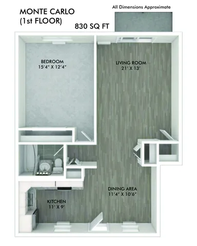 Monte Carlo first-floor 2D floor plan with 1 bedroom, living room, kitchen, and dining area, totaling 830 sq ft.