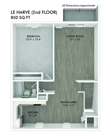 Le Harve second floor 2D floor plan showcasing a spacious layout with 1 bedroom, an expansive living room, dining area, and a functional kitchen.