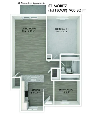 Detailed floor plan of St. Moritz apartment showcasing two bedrooms, a spacious living room, and a well-designed kitchen, covering 900 sq ft.