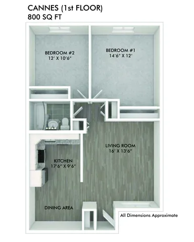 3D floor plan of Cannes apartment featuring 2 bedrooms, an open-concept kitchen and dining area, and a spacious living room, 800 sq ft.