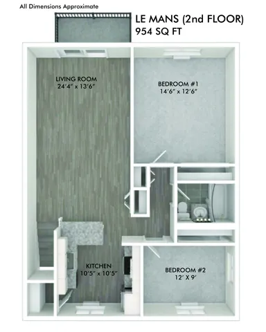 Detailed 2D floor plan of the Le Mans apartment featuring two bedrooms, a stylish living room, and a modern kitchen on the second floor, spanning 954 sq ft.