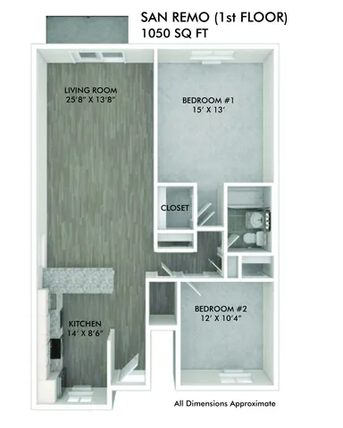 San Remo first floor plan illustrating 2 bedrooms, a spacious living room, and a modern kitchen, totaling 1050 sq ft.
