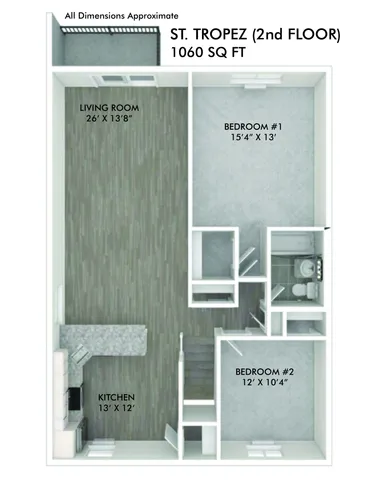 Floor plan of St. Tropez&rsquo;s second floor featuring 2 bedrooms, a spacious living room, and kitchen, totaling 1060 sq ft.