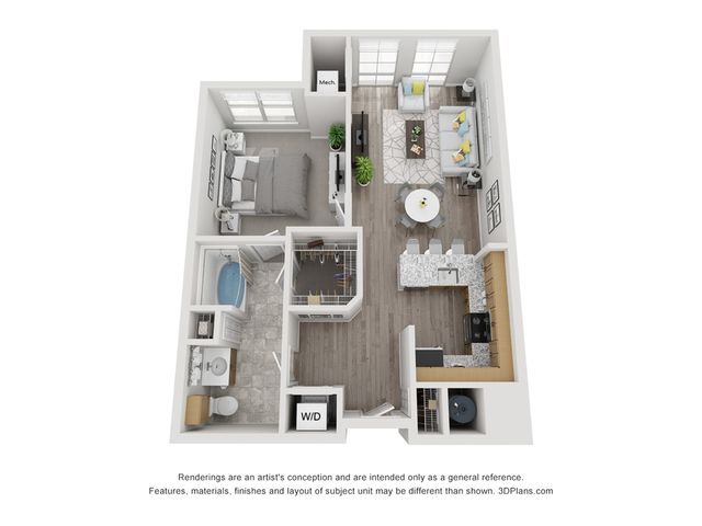 Modern 1-bedroom apartment floor plan showcasing an open-concept living and dining area, stylish kitchen, and spacious bathroom.