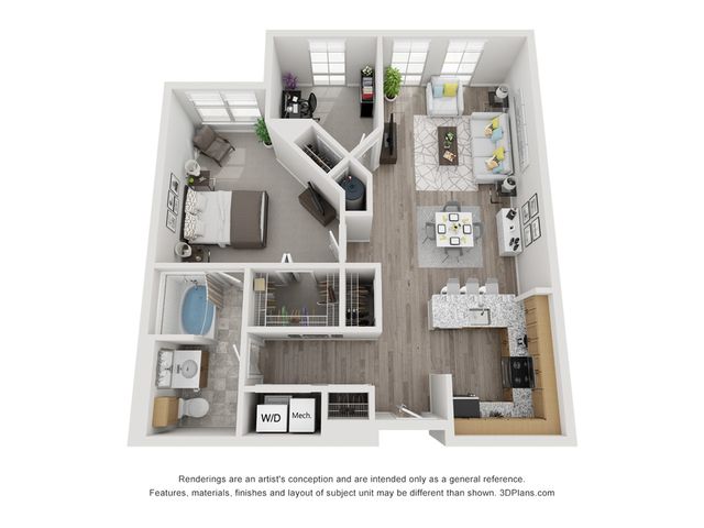 Contemporary 3D floor plan showing a cozy 1-bedroom apartment with an open living area, modern kitchen, and stylish bathroom.