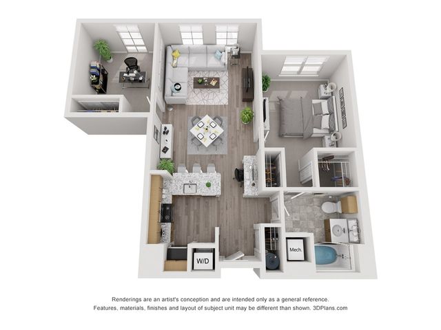 Modern 3D floor plan showcasing a spacious 1-bedroom apartment with an open-concept living and dining area, cozy home office, contemporary kitchen, and elegant bathroom.