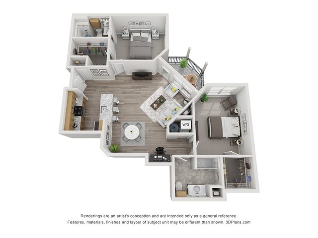 Contemporary 3D floor plan showcasing two bedrooms, an open living area, elegant kitchen with island seating, and a stylish balcony.