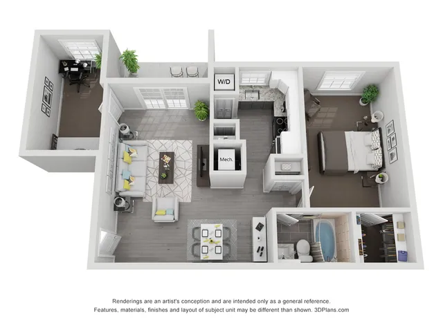 Elegant 3D apartment floor plan showcasing a spacious bedroom, a modern kitchen, cozy living room, and a stylish home office.