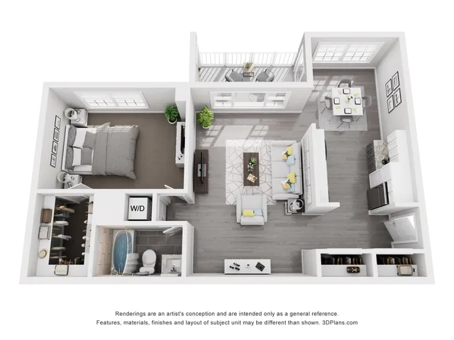 Chic 3D apartment layout featuring a cozy bedroom, modern kitchen, inviting living room, spacious balcony, and sleek bathroom.