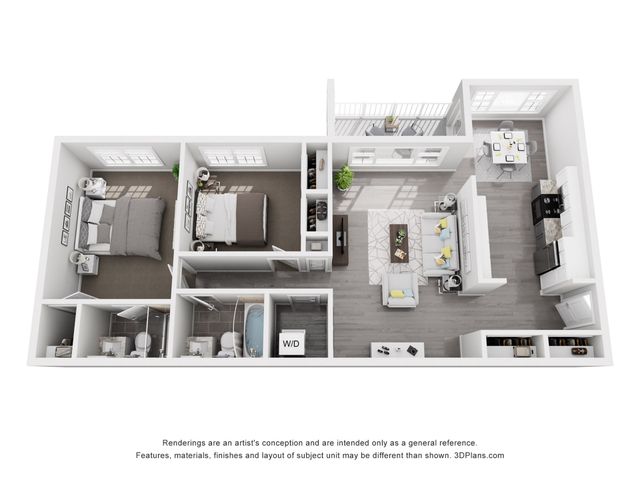 Inviting 3D apartment floor plan featuring 2 cozy bedrooms, modern kitchen, and spacious open living area with balcony access.