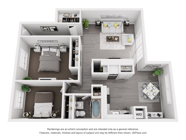 Contemporary 3D floor plan showcasing 2 bedrooms, elegant living area, modern kitchen, and cozy dining space, perfect for comfortable urban living.