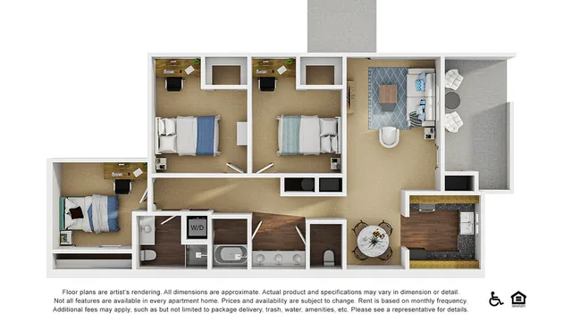 Contemporary floor plan showcasing 3 bedrooms, an inviting living space, modern kitchen, in unit washer and dryer, and private balcony.
