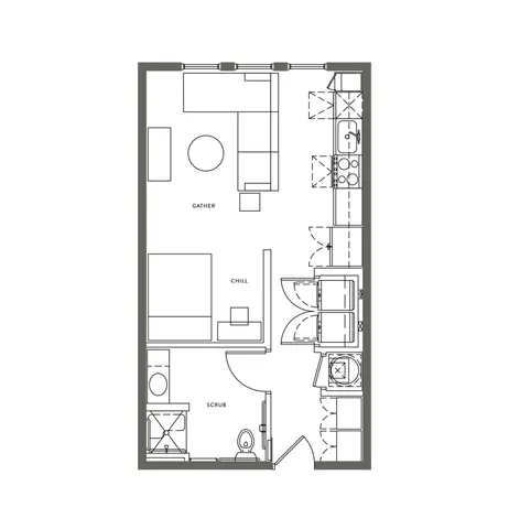 The studio floorplan is 425 sq. ft.