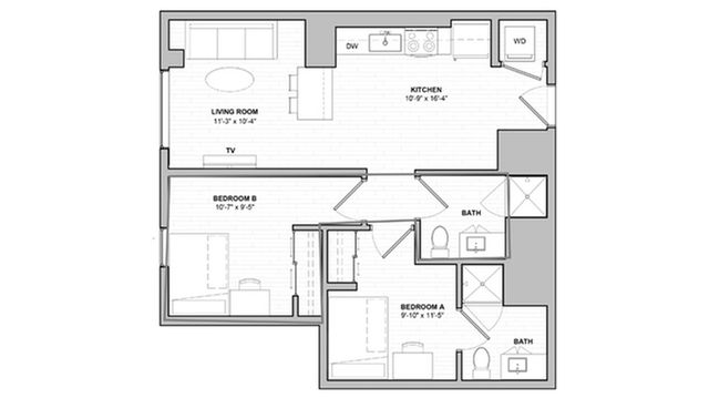 The 2 bedroom, 2 bathroom plus floorplan is 763 sq. ft.