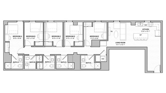 The 5 bedroom, 5 bathroom plus floorplan ranges from 1589 - 1615 sq. ft.