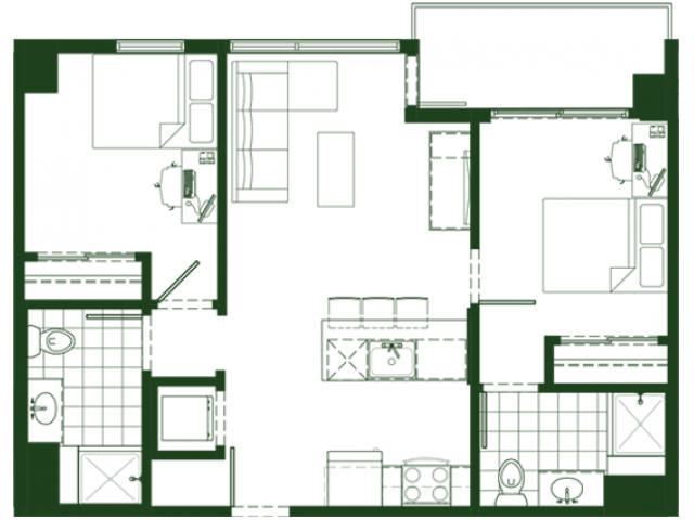 2 bed, 2 bath floorplan is 752 sq. ft.