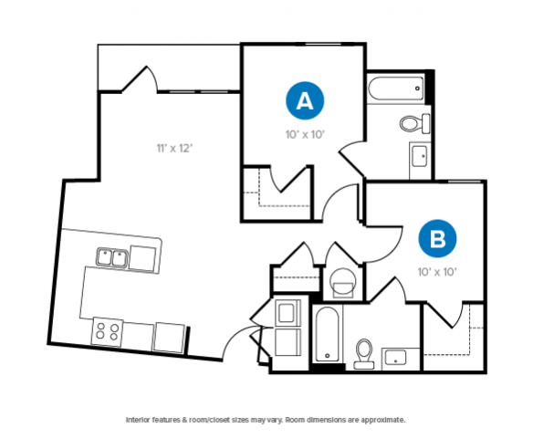 The 2 bedroom 2 bathroom stadium floorplan is 846 sq. ft.