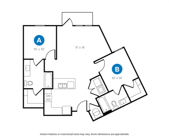 The 2 bedroom 2 bathroom courtyard floorplan is 879 sq. ft.