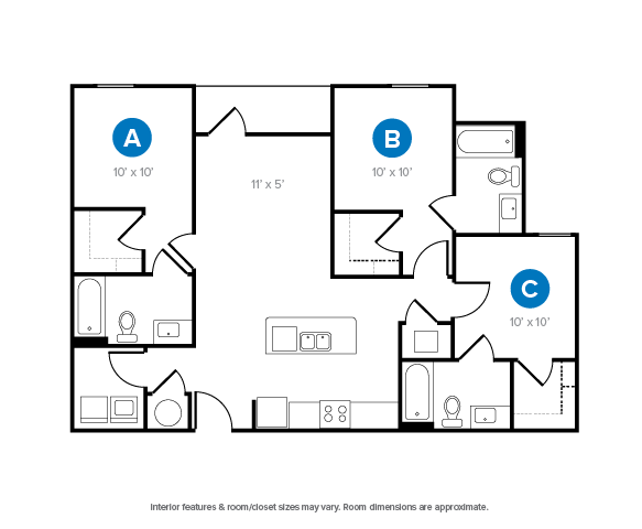 The 3 bedroom 3 bathroom classic floorplan is 1112 sq. ft.