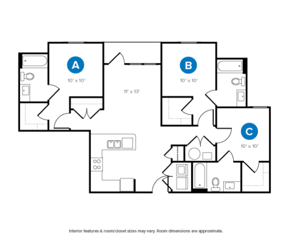 The 3 bedroom 3 bathroom plus floorplan is 1117 sq. ft.
