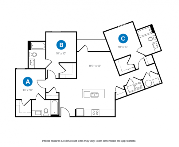 The 3 bedroom 3 bathroom vista floorplan is 1189 sq. ft.