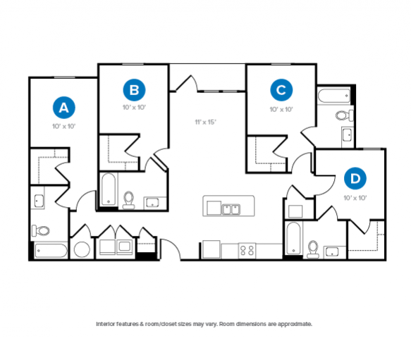 The 4 bedroom 4 bathroom plus floorplan is 1383 sq. ft.