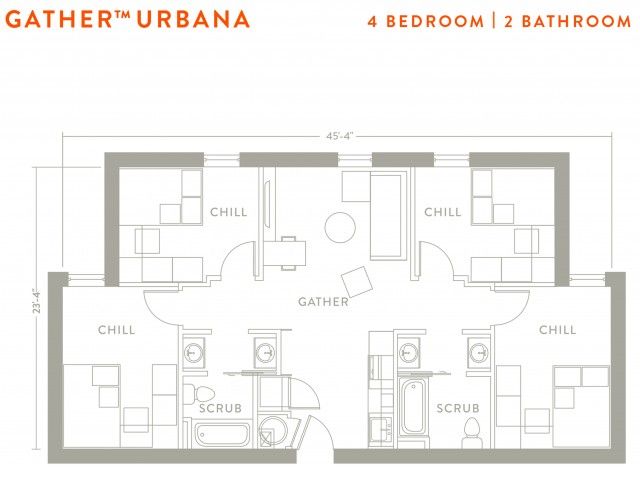 The 4 bed, 2 bath floorplan is 1025 sq. ft.