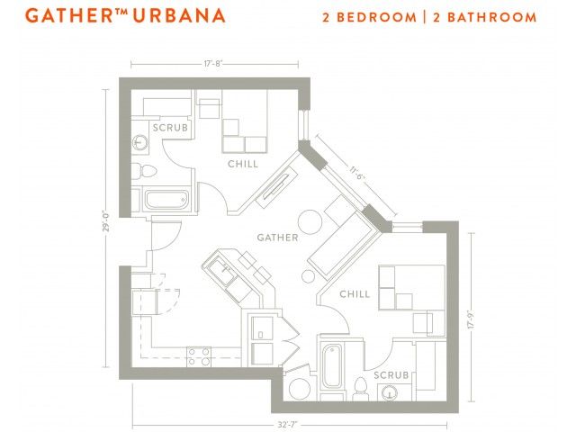 The 2 bed, 2 bath corner floorplan is 872 sq. ft.