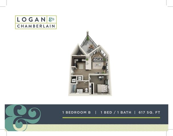 1 bed, 1 bath floorplan is 617 sq. ft.