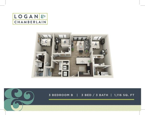 3 bed, 3 bath floorplan is 1,116 sq. ft.