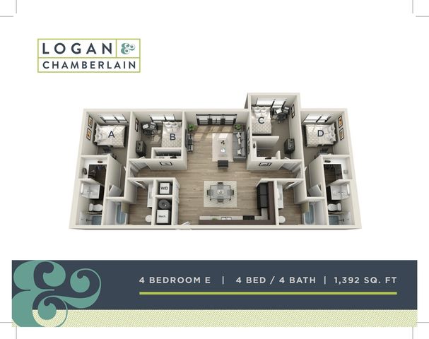 4 bed, 4 bath floorplan is 1,392 sq. ft.