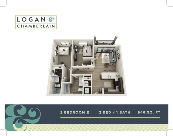 2 bed, 2 bath floorplan is 946 sq. ft.
