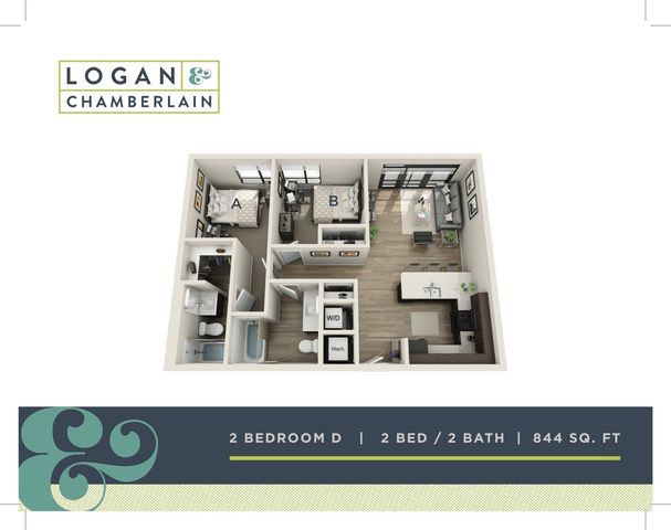 2 bed, 2 bath floorplan is 844 sq. ft.