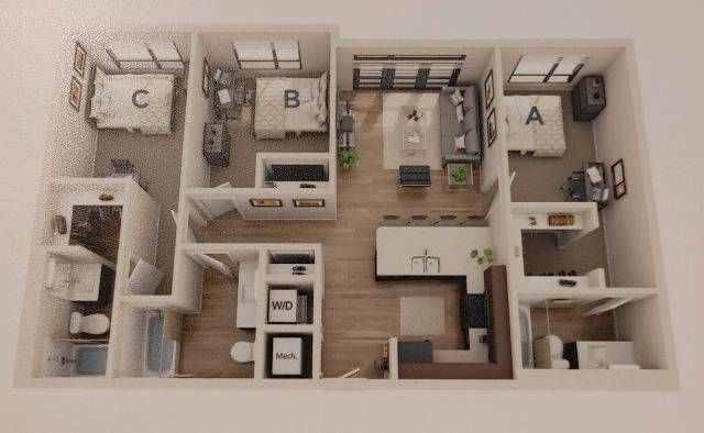 3 bed, 3 bath floorplan is 1,071 sq. ft.
