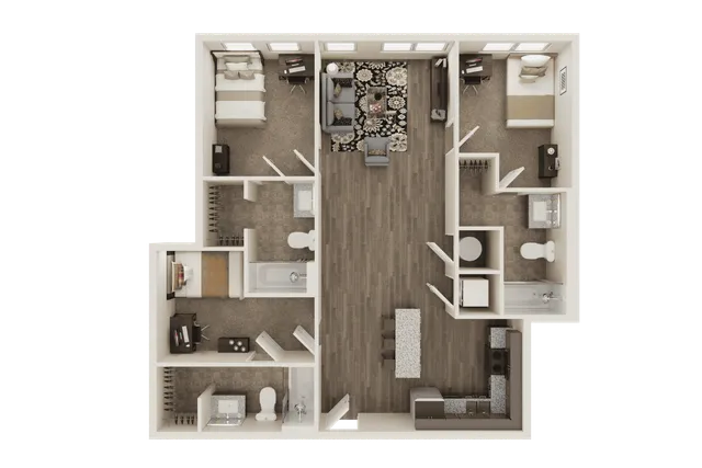 `The 3 bedroom 3 bathroom plus floorplan ranges from 1112-1144 sq. ft.