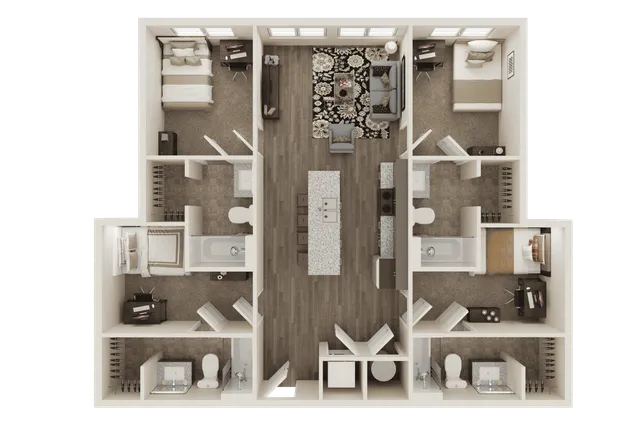The 4 bedroom 4 bathroom classic A floorplan ranges from 1284-1348 sq. ft.