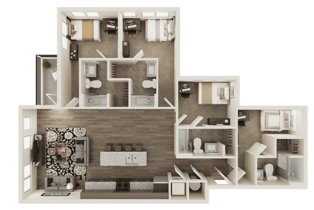 The 4 bedroom 4 bathroom courtyard deluxe floorplan is 1594 sq. ft.
