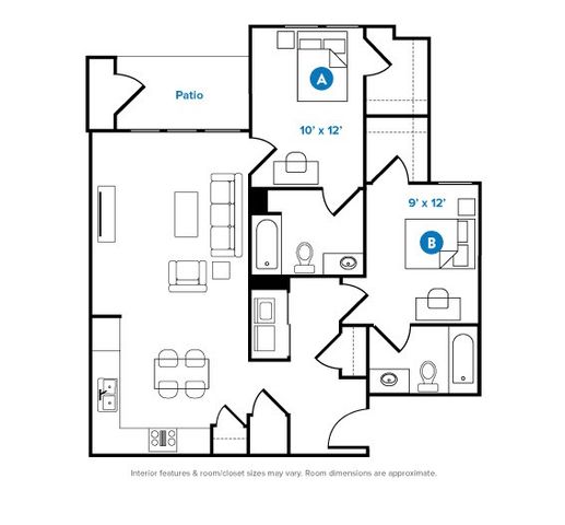 The 2 bedroom 2 bathroom classic is 888 sq. ft.