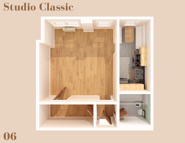 The studio classic floorplan is 410 sq. ft.
