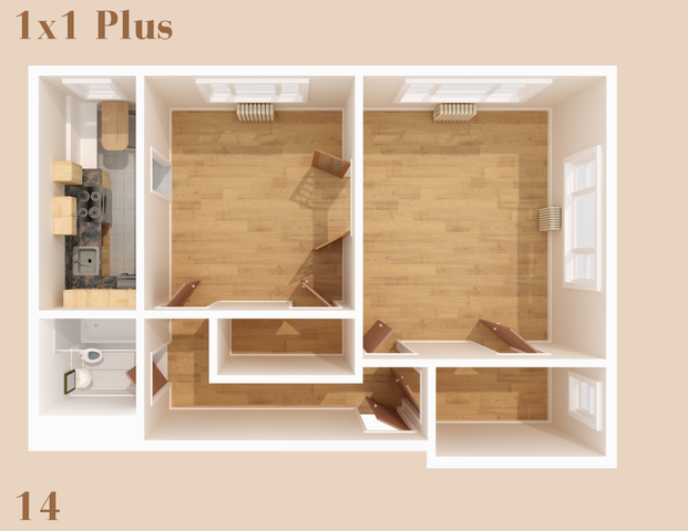The 1 bedroom 1 bathroom plus floorplan is 690 sq. ft.