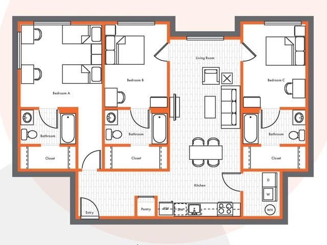 The 3 bedroom 3 bathroom classic A floorplan is 1229 sq. ft. This floorplan offers bedroom A as a shared bedspace.