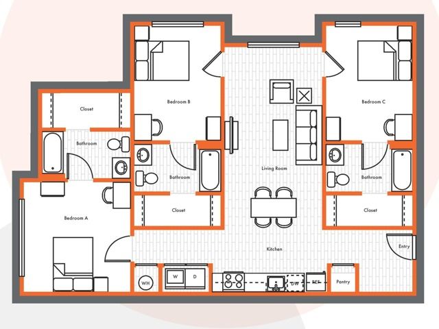 The 3 bedroom 3 bathroom classic B floorplan ranges from 1229 - 1258 sq. ft.