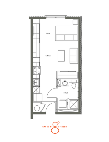 The studio floorplan is 445 sq. ft.