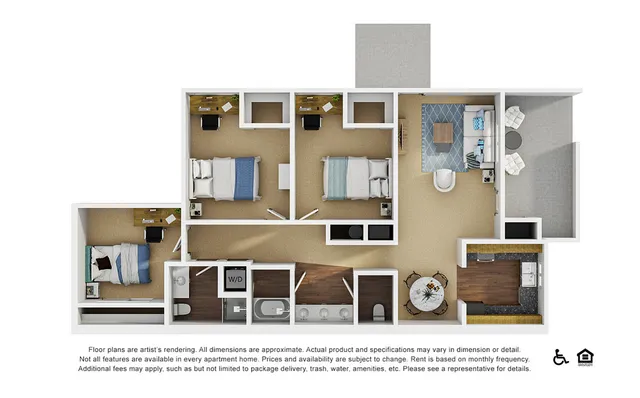 Modern 3-bedroom apartment floor plan featuring an open kitchen, cozy living area, and private balcony.