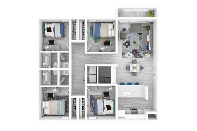 Contemporary 3-bedroom apartment floor plan with two modern bathrooms, open-concept living and dining area, and a stylish kitchen with a breakfast bar.