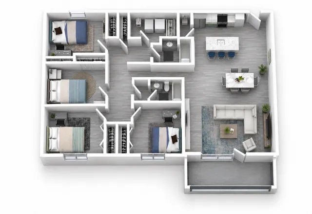 Modern 3D floor plan showcasing a stylish 3-bedroom apartment with an open-plan living room, contemporary kitchen, and private balcony.