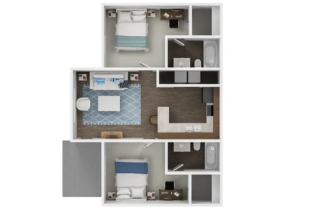 3D floor plan with two bedrooms, a cozy living room, and a modern kitchen.