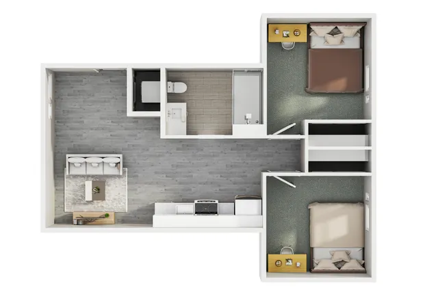 Elegant floor plan featuring 2 bedrooms, modern kitchen, and open living space with a bathroom.